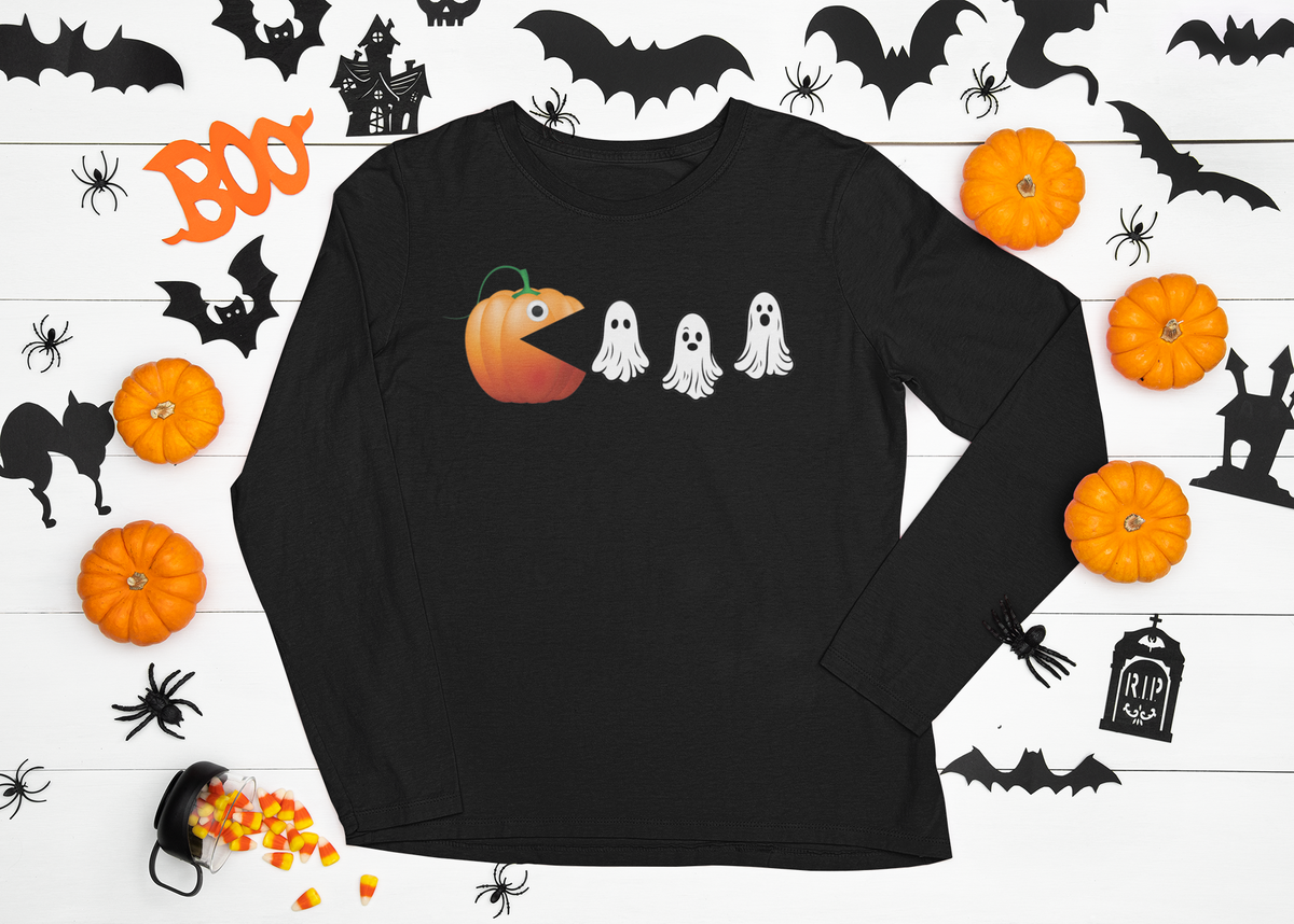 Pumpkin Eating Ghost Shirt Lightweight Long Sleeve Tee